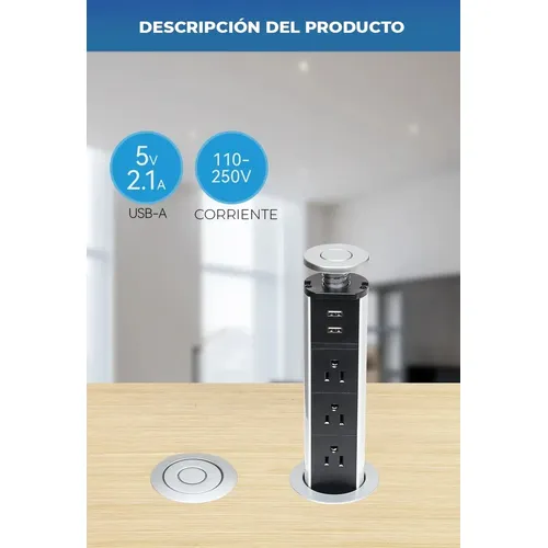 Pasacables para escritorios cocinas muebles 3 tomas + 2 USB aluminio - Image 2