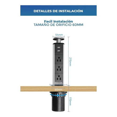 Pasacables para escritorios cocinas muebles 3 tomas + 2 USB aluminio - Image 3